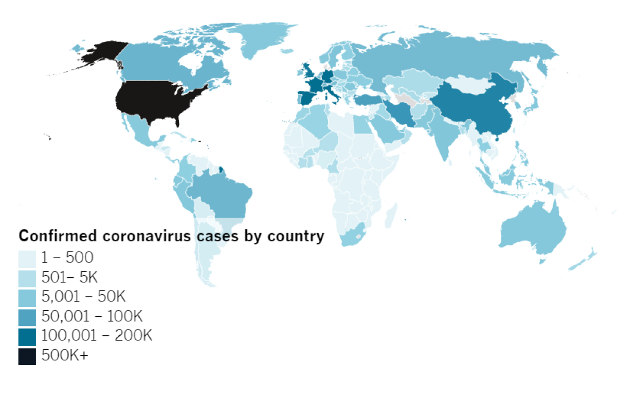 Confirmed COVID-19 cases by country as of 5:00 p.m. PDT Monday, April 13. Click to see the map from Johns Hopkins CSSE.