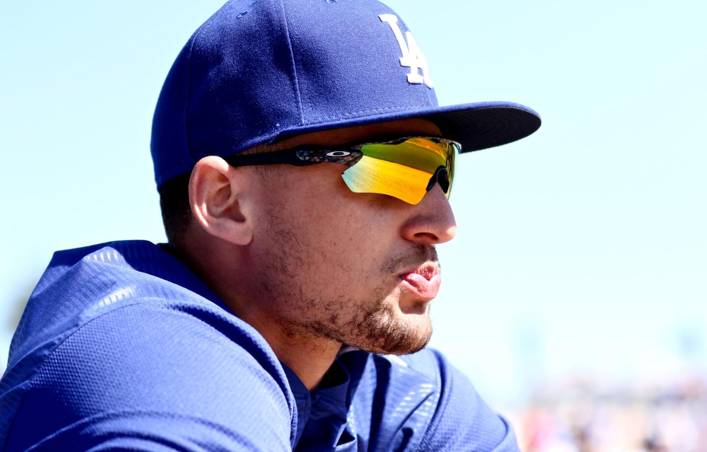 Dodgers outfielder Trayce Thompson looks on before a spring training game against the White Sox on Feb. 25.