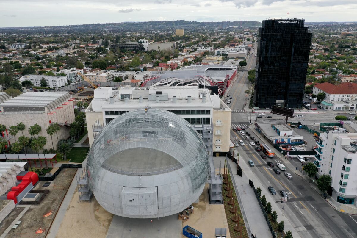 An aerial view of the Academy Museum of Motion Pictures, under construction in March 2020