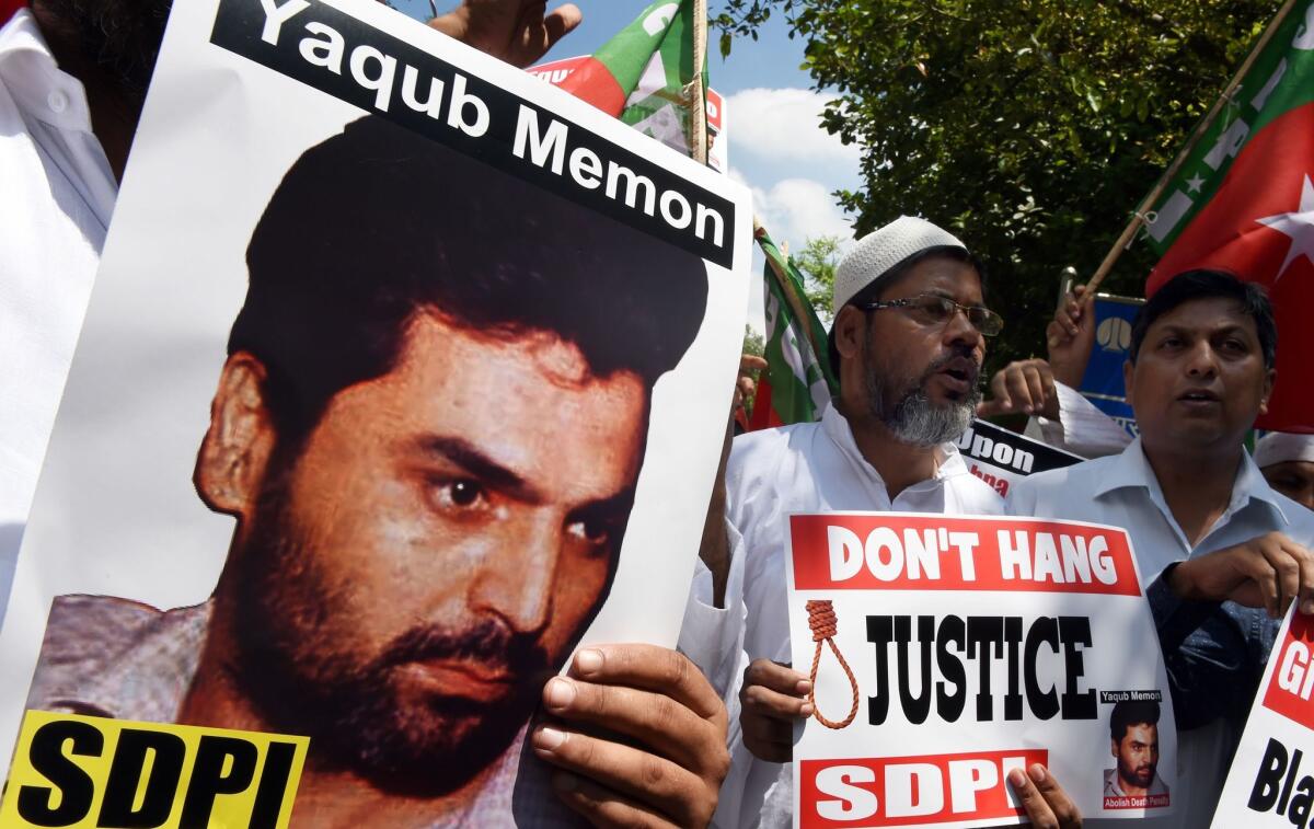 Protesters in New Delhi shout slogans during a July 27 protest against the death sentence for convicted bomb plotter Yakub Memon.