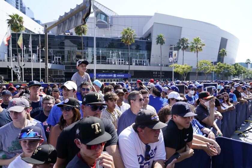 Fans attend the MLB draft at L.A. Live on Sunday.