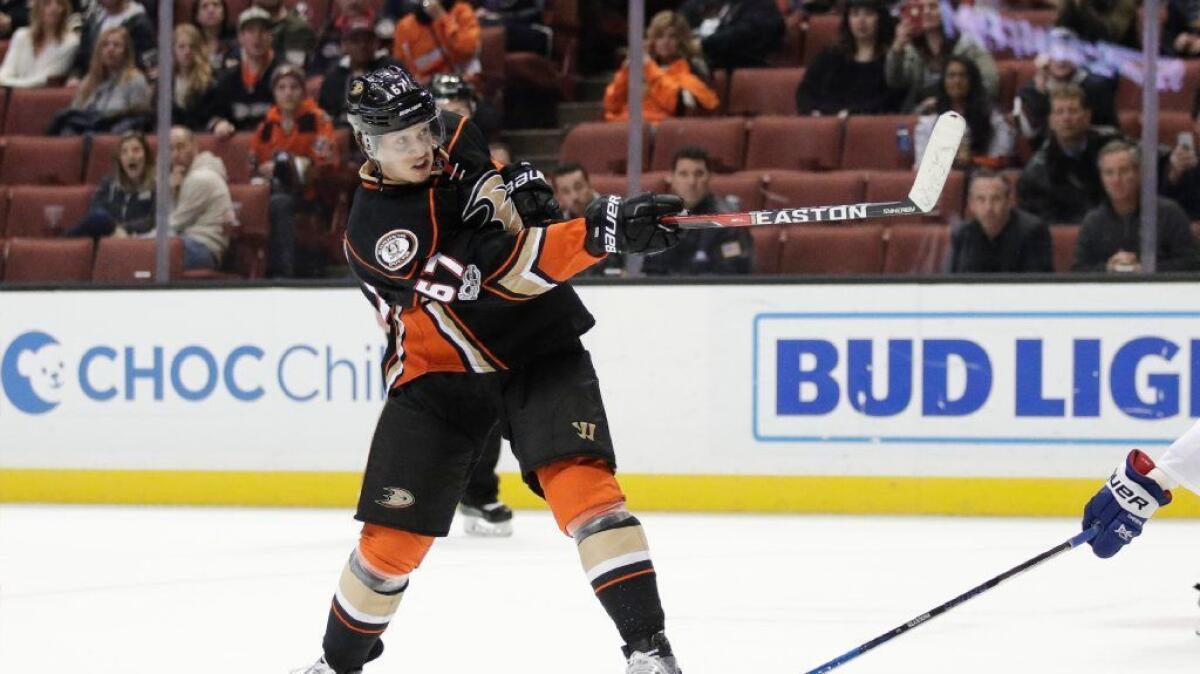 Ducks forward Rickard Rakell, shown scoring an overtime goal against the Lightning on Jan. 17, prefers to play center but has thrived at left wing.