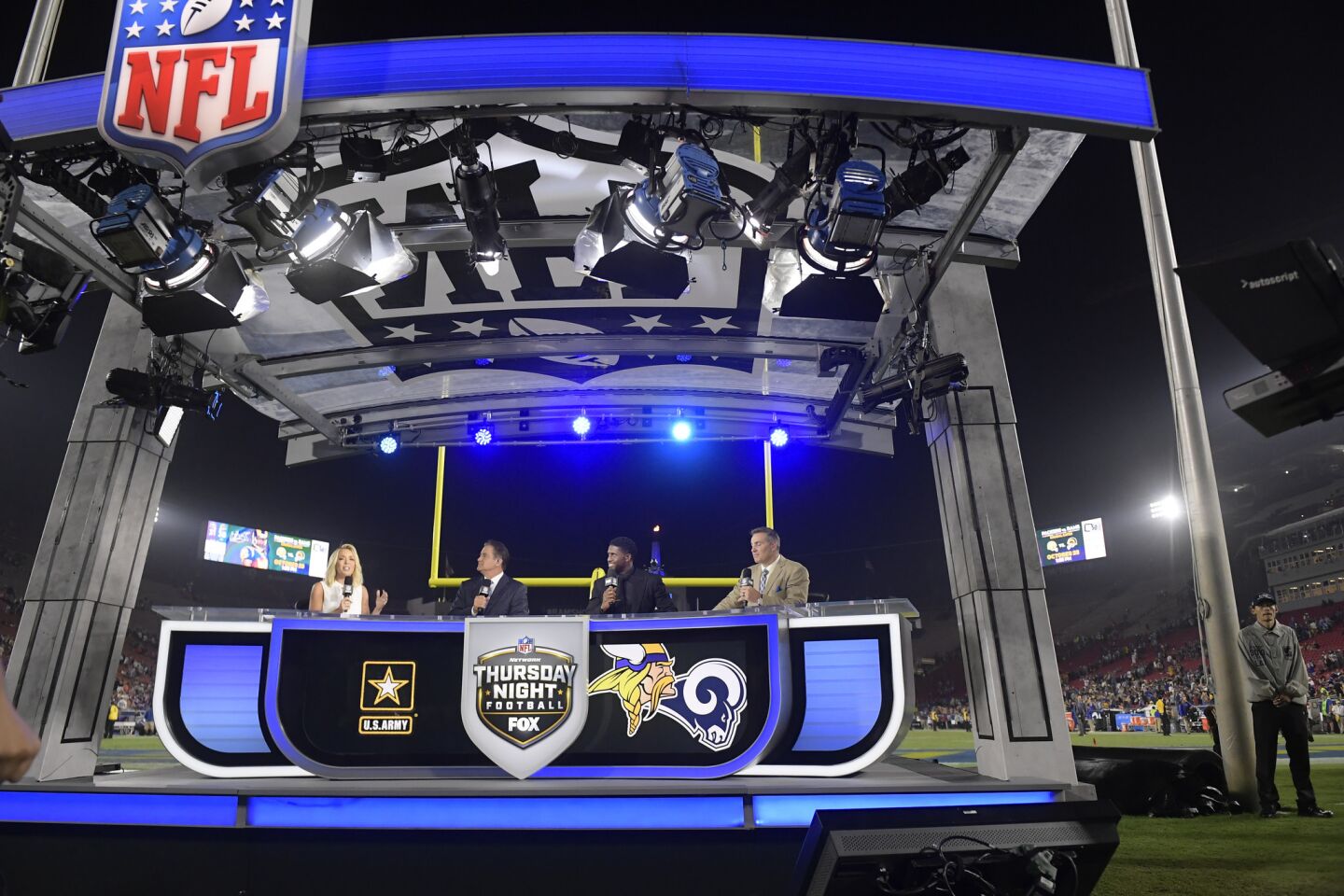 The NFL Network TNF set is seen inside the Los Angeles Coliseum after an NFL football game between the Los Angeles Rams and the Minnesota Vikings Thursday, Sept. 27, 2018, in Los Angeles. (AP Photo/Mark J. Terrill)