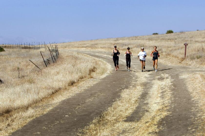 HIDDEN HILLS, CA-MAY 01, 2013: Ultra-marathon runner Shannon Farar-Griefer, right, works out running in the hills near her home in Hidden Hills with friends Nancy Alspaugh, Lisa Gutman, and Rebecca Smith, right to left, on May 01, 2013. (Photo By Al Seib / Los Angeles Times)