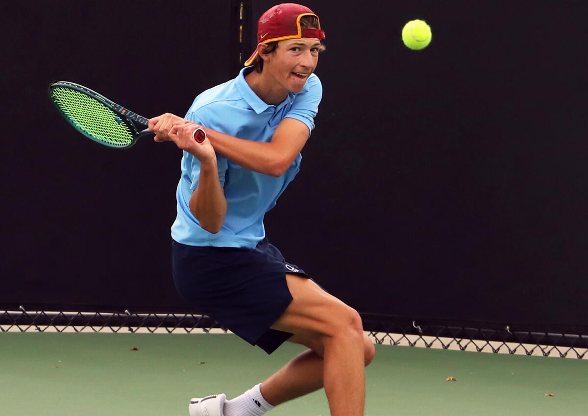 Corona del Mar's top-seeded Niels Hoffmann returns with a backhand during Thursday's CIF title match.