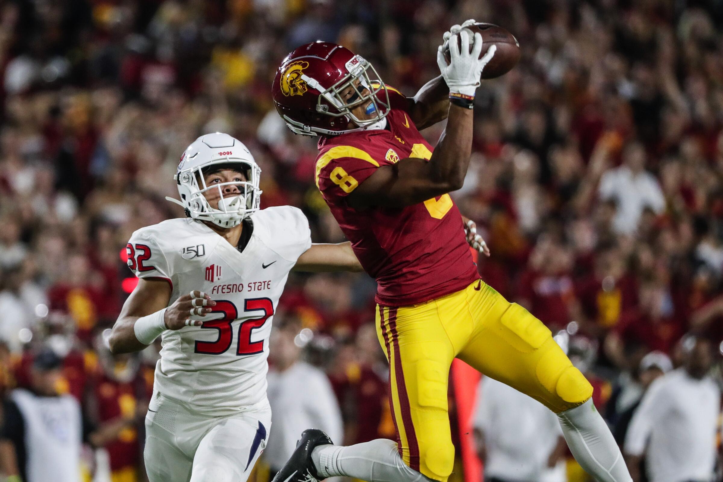 USC wide receiver Amon-ra St. Brown makes a catch against Fresno State in September 2019.
