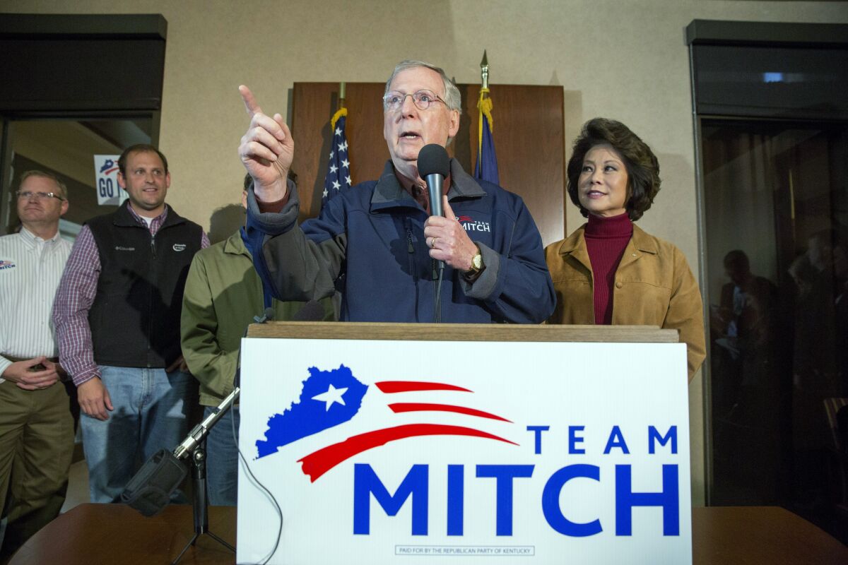 Sen. Mitch McConnell (R-Ky.) speaks during his campaign event at Bluegrass Airport Nov. 3 in Lexington, Ky.