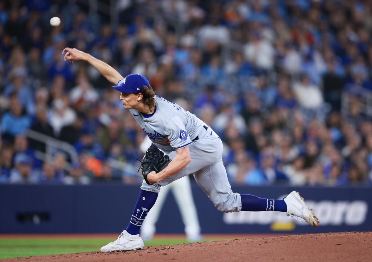 Dodgers pitcher Tyler Glasnow delivers during the first inning of a win over the Toronto Blue Jays on Saturday.