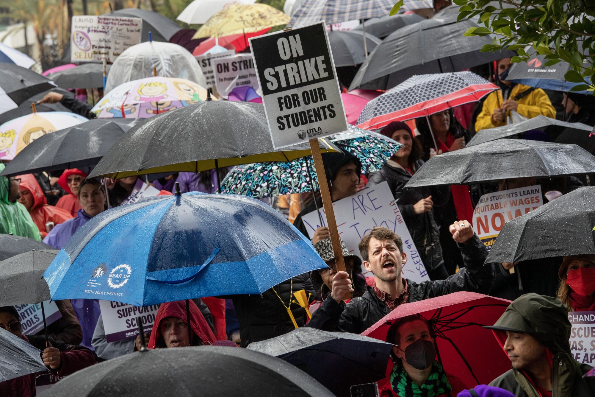 A man raises his fist while holding a picket sign that reads "On Strike. For Our Students," while in the middle of a crowd.