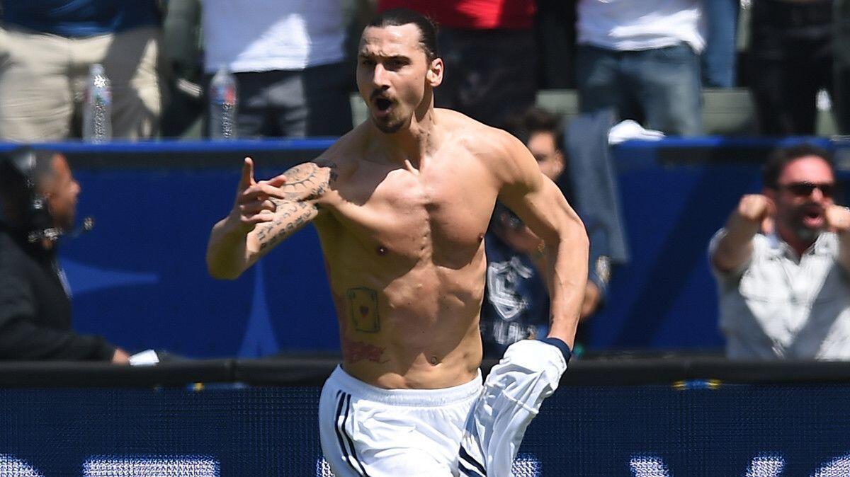 The Galaxy's Zlatan Ibrahimovic reacts after scoring a goal in the second half against the Los Angeles Football Club at StubHub Center on Saturday.