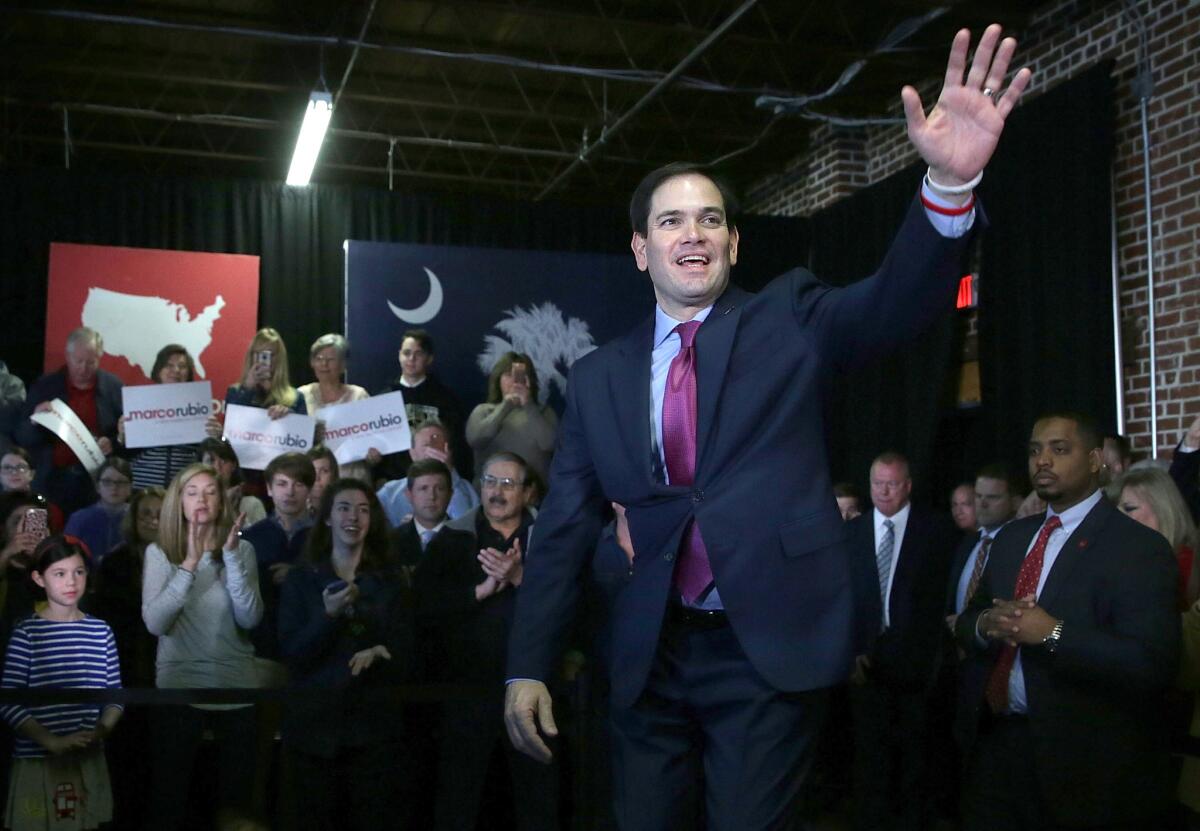 Sen. Marco Rubio of Florida campaigns Thursday in Greenville, S.C., for Saturday's Republican presidential primary.