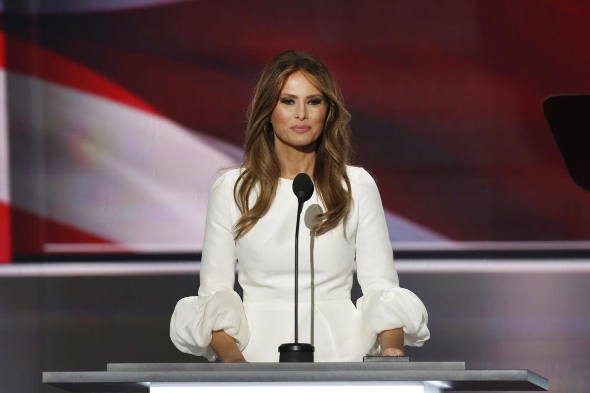 Melania Trump delivers her speech at the Republican National Convention, parts of which were plagiarized from a 2008 speech by Michelle Obama.