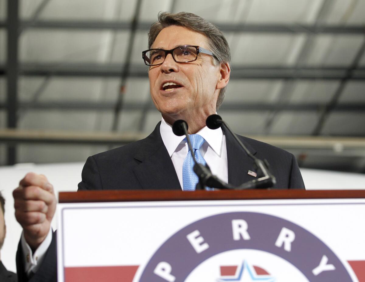 Former Texas Gov. Rick Perry speaks during his presidential campaign kick-off event in Addison, Texas, on June 4.