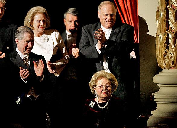 Britain's Prince Charles, left, Pennsylvania Gov. Ed Rendell, right, and his wife, federal appeals court Judge Marjorie Rendell, second from left, applaud Leonore Annenberg at the Academy of Music in Philadelphia. In addition to Sunnylands in Rancho Mirage and a chalet in Sun Valley, Idaho, the Annenbergs maintained a baronial manor outside Philadelphia, where his publications empire had been based.