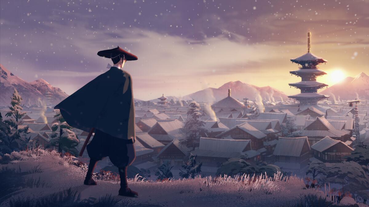 A samurai approaches a snowy Japanese village.