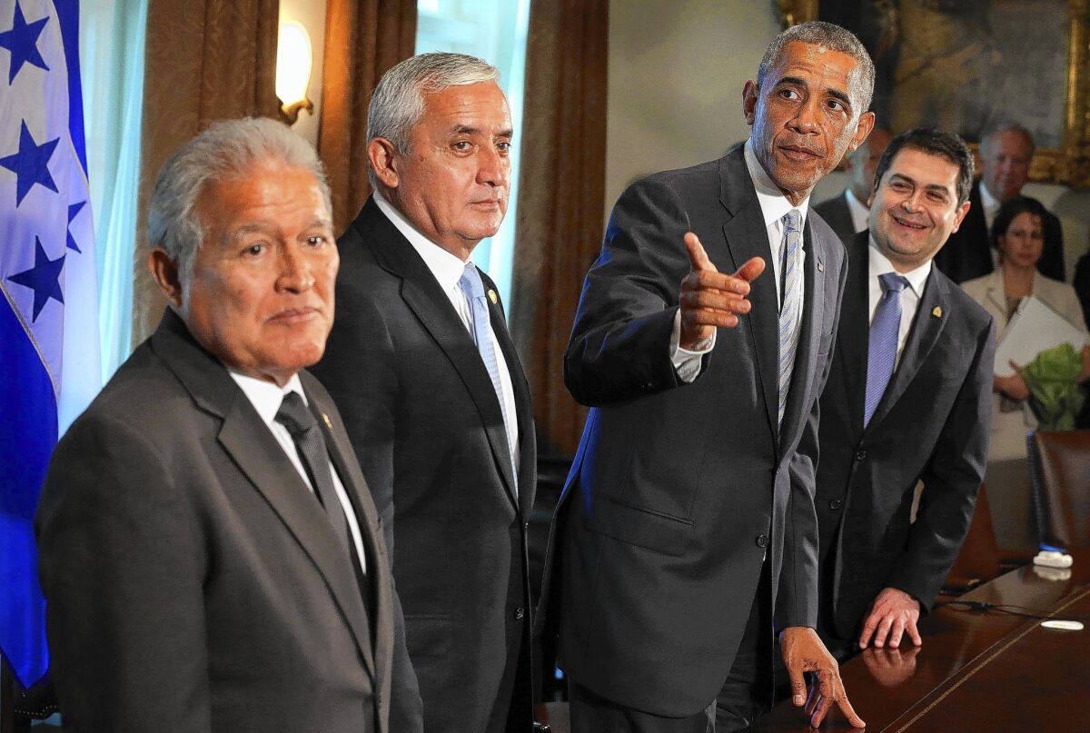 President Obama meets at the White House with presidents Salvador Sanchez Ceren of El Salvador, left; Otto Perez Molina of Guatemala, second from left; and Juan Orlando Hernandez of Honduras, right.