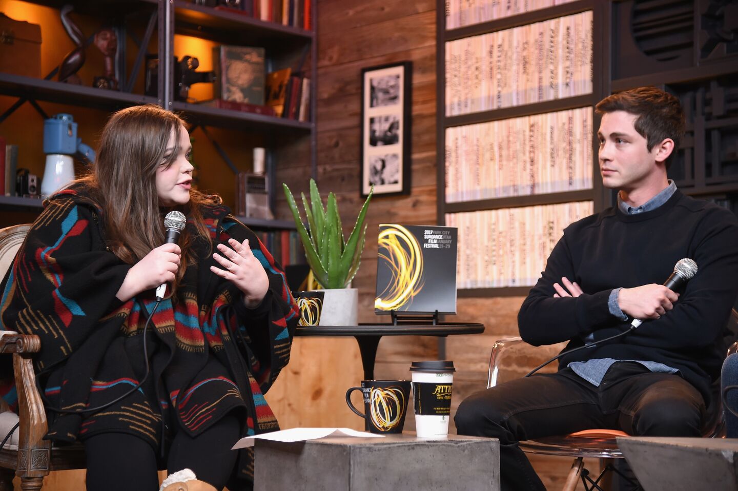 Times reporter Amy Kaufman and Logan Lerman speak at the Cinema Cafe at Filmmaker Lodge.