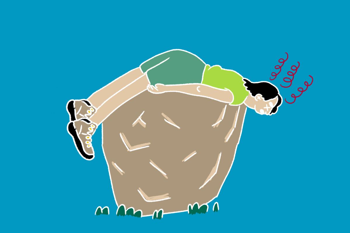 Graphic of a woman lying down on boulder