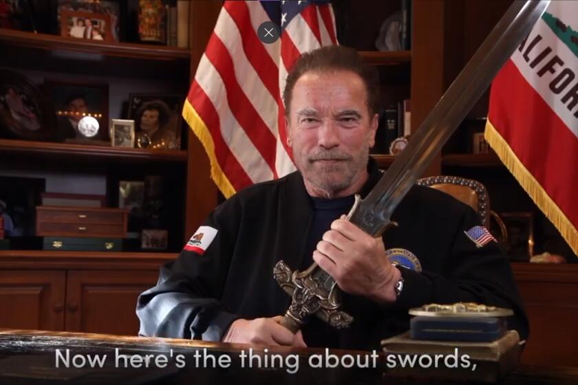 This Sunday, Jan. 10, 2021, image from a video released by Schwarzenegger shows former Republican California Gov. Arnold Schwarzenegger delivering a public message. Schwarzenegger compared the mob that stormed the U.S. Capitol to the Nazis and called President Donald Trump a failed leader who "will go down in history as the worst president ever." (Frank Fastner/Arnold Schwarzenegger via AP)