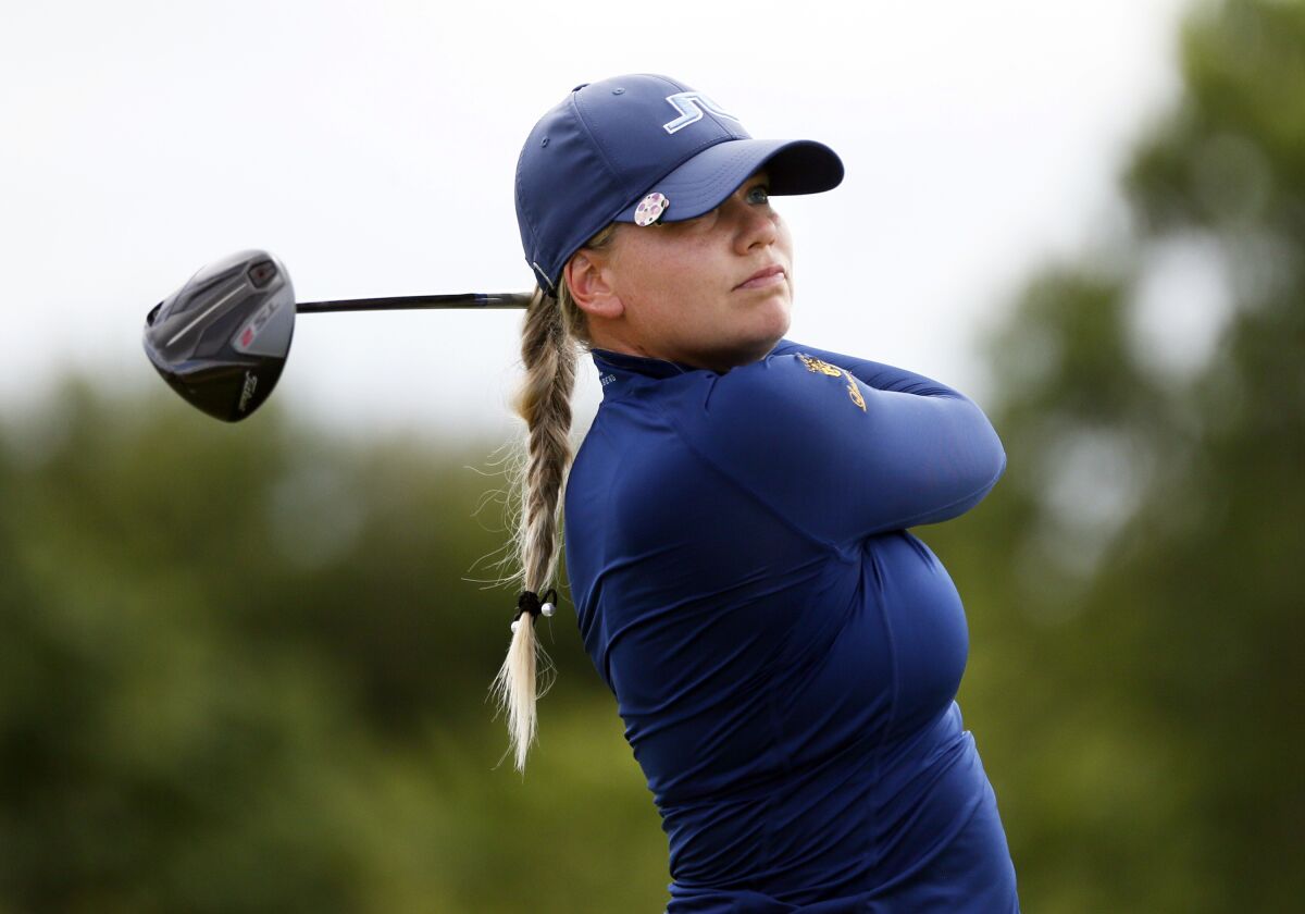 Matilda Castren, of Finland, plays her shot from the first tee during the second round of the LPGA Volunteers of America Classic golf tournament in The Colony, Texas, Friday, July 2, 2021. (AP Photo/Ray Carlin)