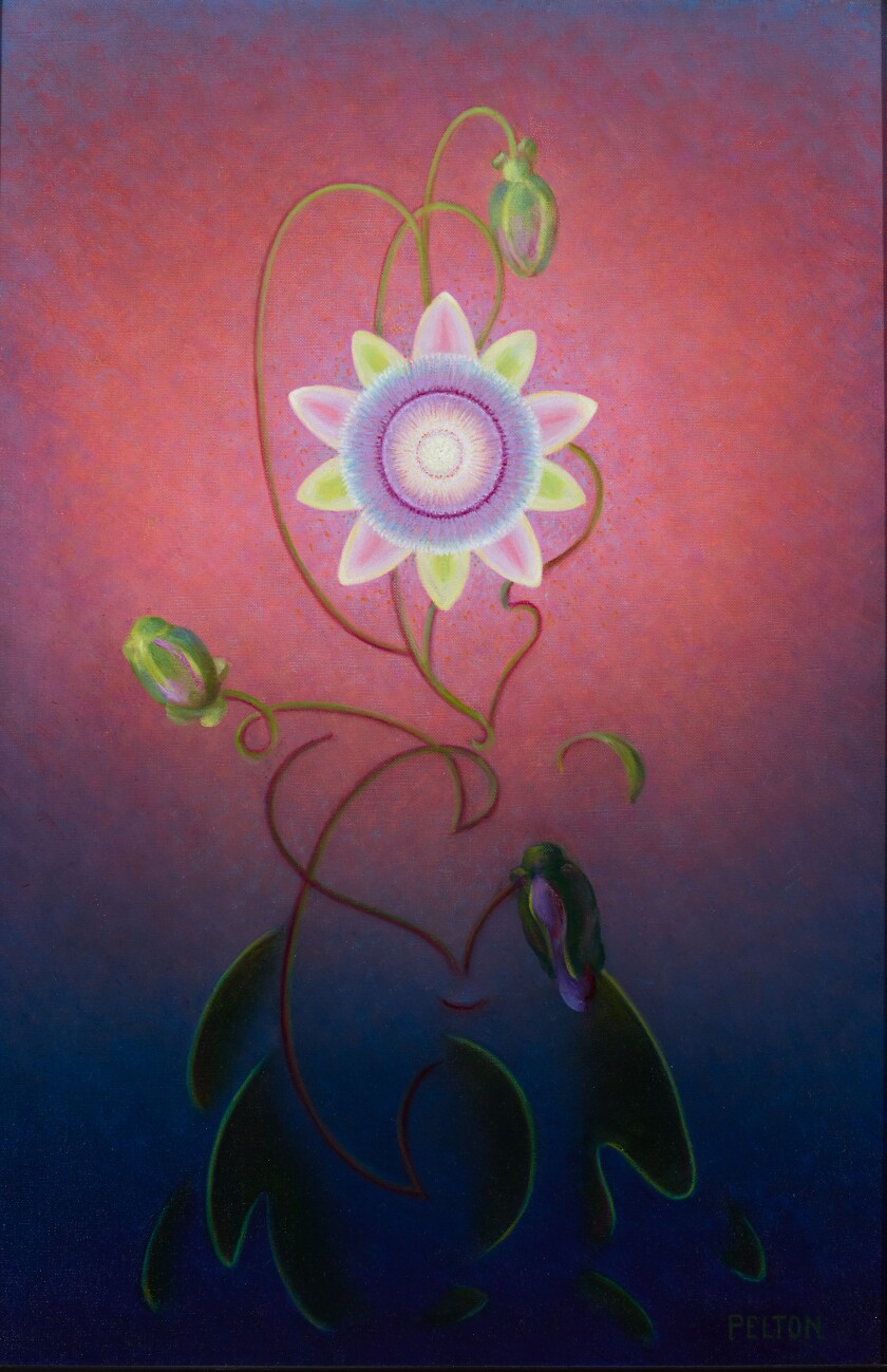 A painting of a geometric flower with multicolor petals.