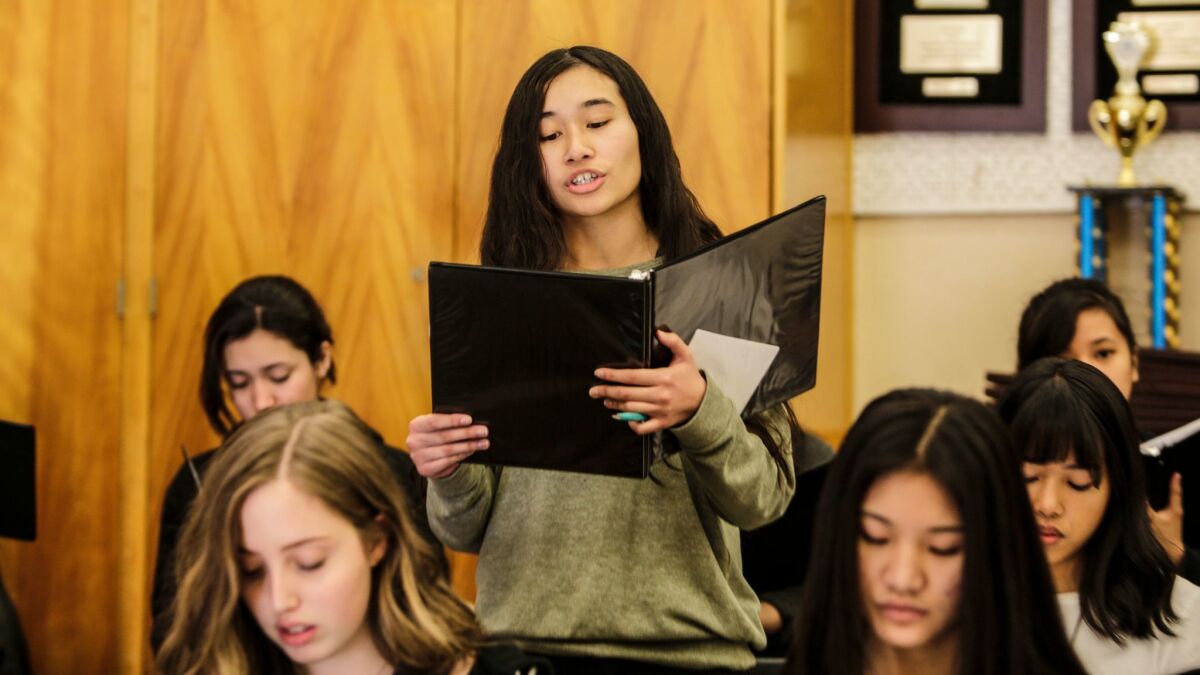 Laiyah Serpas sings the role of suffragist Sara Bard Field in “Hear Our Voice: A Woman’s Journey,” with new music written by Van Nuys High School students with guidance from the L.A. Master Chorale.