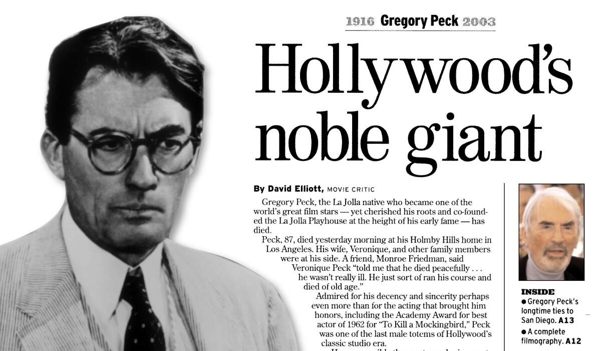 An obituary for Gregory Peck ran on the front page of The San Diego Union-Tribune, June 13, 2003.