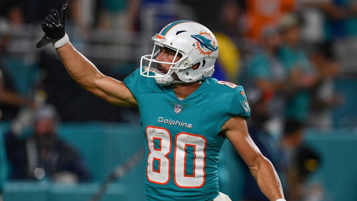 Miami's Danny Amendola celebrates a touchdown during a preseason game against Baltimore on Aug. 25.