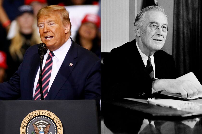 LEFT: President Donald Trump speaks during a campaign rally, Friday, Feb. 21, 2020, in Las Vegas. (Patrick Semansky / AP) RIGHT: President Franklin D. Roosevelt speaks before a nationwide audience from the East Room of the White House, Nov. 19, 1944, on the eve of the Sixth War Loan campaign, to urge the people to buy more war bonds. (Henry Burroughs / AP)