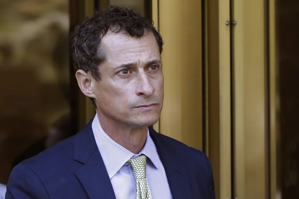 FILE — Former Congressman Anthony Weiner leaves federal court following his sentencing, Sept. 25, 2017, in New York. Disgraced former Congress member and ex-convict Anthony Weiner will host a weekly radio show with Guardian Angels founder Curtis Sliwa, WABC-AM radio officials announced. (AP Photo/Mark Lennihan, File)