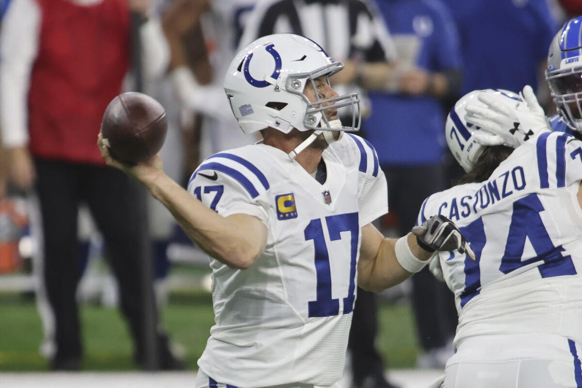 Indianapolis Colts quarterback Philip Rivers (17) throws during the first half of an NFL football game against the Detroit Lions, Sunday, Nov. 1, 2020, in Detroit. (AP Photo/Tony Ding)