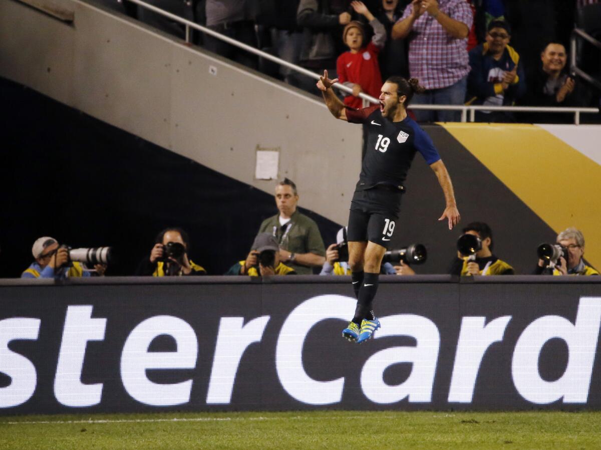 United States' forward Graham Zusi (19) celebrates after a goal during a Copa America Centenario group A soccer match against Costa Rica at Soldier Field in Chicago, Tuesday, June 7, 2016. (AP Photo/Charles Rex Arbogast)