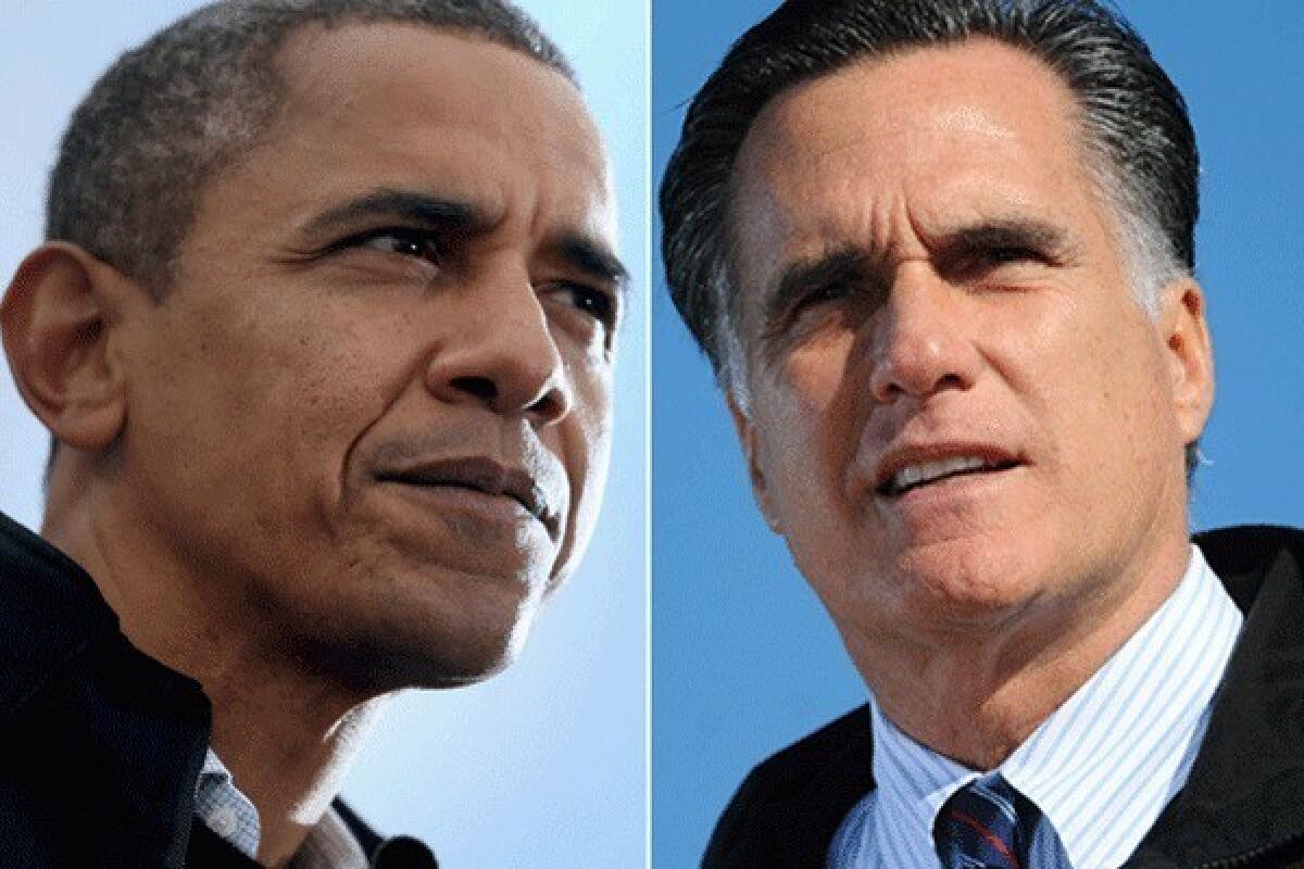 President Obama, left, and Mitt Romney are seen campaigning the day for the November 6 presidential election.