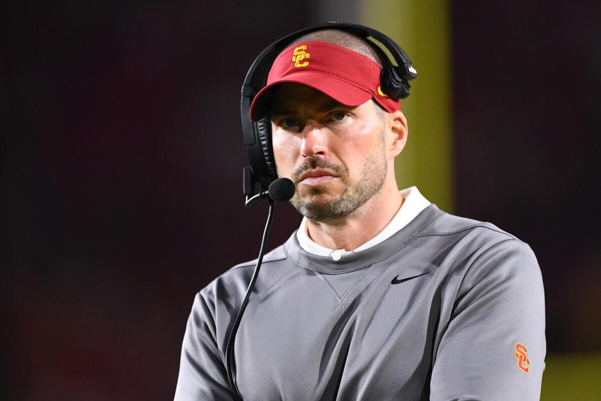 USC defensive coordinator coach Alex Grinch looks on during a game against California.