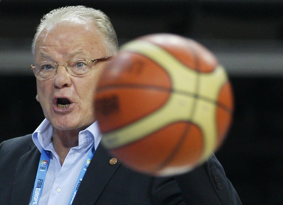 In this Sept. 17, 2011 file photo, Serbia's Head Coach Dusan Ivkovic reacts during the EuroBasket European Basketball Championship 7th to 8th position classification match against Slovenia, in Kaunas, Lithuania. Serbian Basketball Federation says famous coach Dusan Ivkovic has died at the age of 77. Serbian media said Ivkovic died in a Belgrade hospital after a lung failure on Thursday, Sept. 16, 2021. During his 46-year coaching career, Ivkovic led teams such as Partizan Belgrade, CSKA Moscow as well as Greek teams Aris, PAOK, Panionios, Olympiacos, AEK, as well as the Yugoslav and Serbian national teams. (AP Photo/Darko Vojinovic, File)