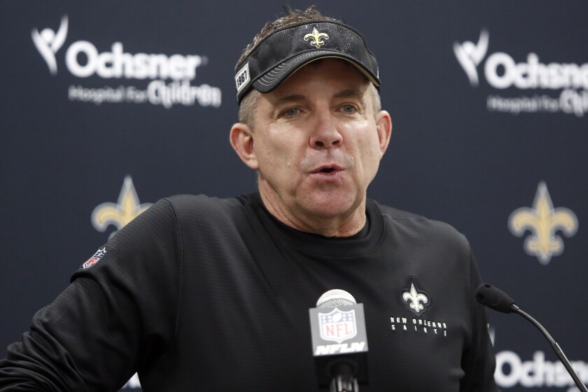 FILE - New Orleans Saints head coach Sean Payton speaks to the members of the media in Charlotte, N.C., in this Sunday, Dec. 29, 2019, file photo. The NFL will consult an advisory committee made up of former coaches, general managers and players on such issues as postponing, moving or even canceling games this season due to the coronavirus pandemic. The first New Orleans Saints draft since the retirement of all-time leading NFL passer Drew Brees might not include a quarterback. But a cornerback could be in the cards. Saints coach Sean Payton says the two Saints QBs under contract could very well be part of the club’s long-term future. (AP Photo/Brian Blanco, File)