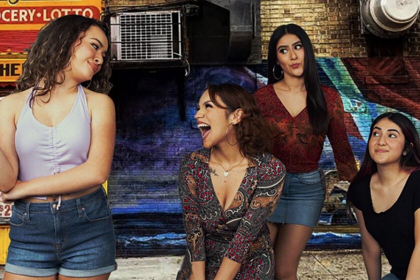 The hair salon girls, led by Arianna Vila, left, in San Diego Musical Theatre's "In the Heights."