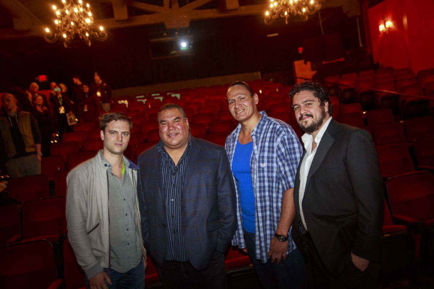 Director Jack Pettibone Riccobono, from left, executive producer Chris Eyre, subject Rob Brown and producer Shane Slattery-Quintanilla before the screening of their documentary "The Seventh Fire" at the 2016 Palm Springs International Film Festival.