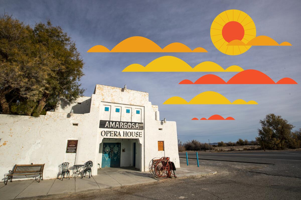 A sign on a Southwest-style building reads "Amargosa Opera House." Above is an illustrated sun and clouds.