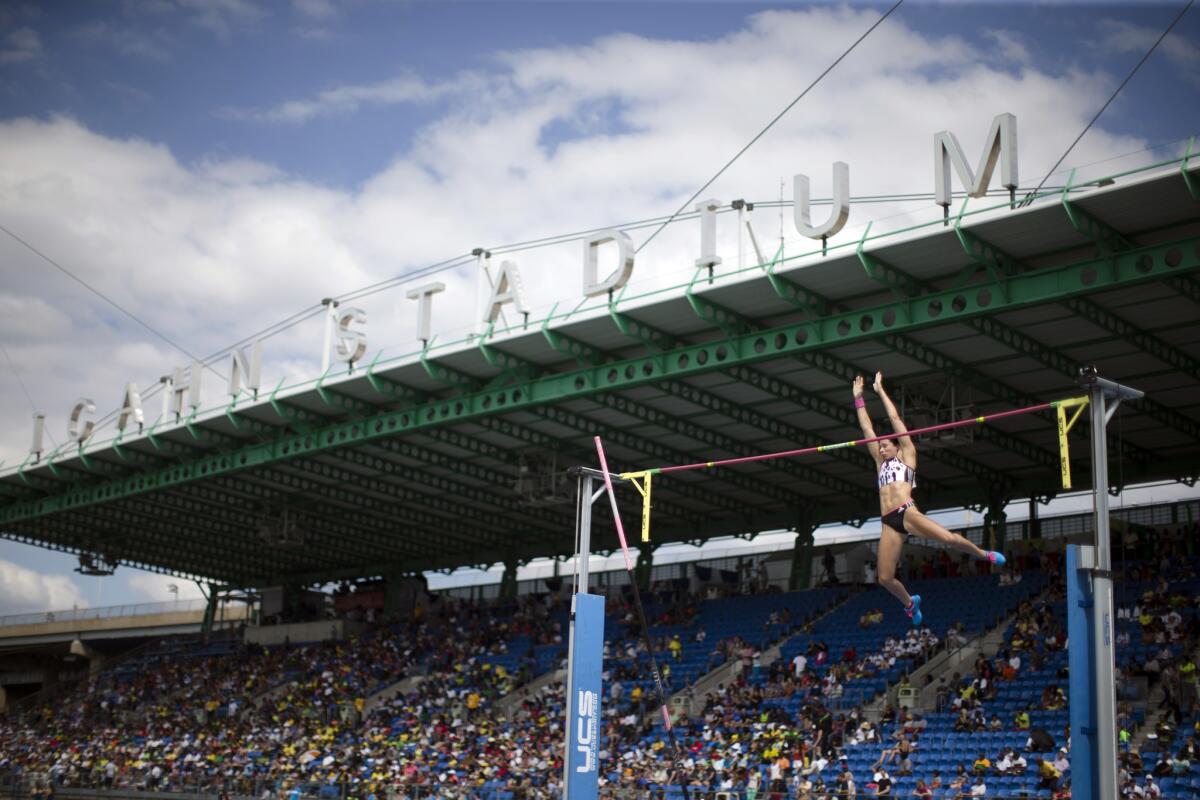 Jennifer Suhr competes in the women's pole vault during the IAAF Diamond League Grand Prix competition on Randall's Island in New York on June 14, 2014.