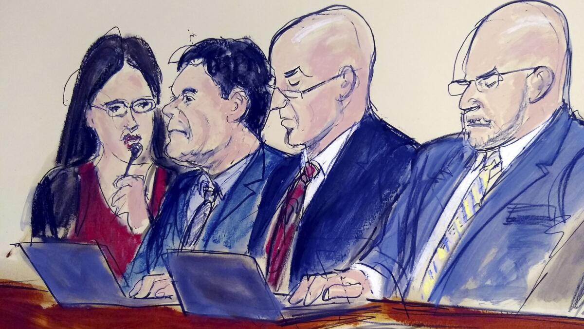 In this courtroom drawing, defendant Joaquin "El Chapo" Guzman, second from left, listens as the verdict is read in his drug trafficking trial on Tuesday in New York. Seated with him, from left, are an interpreter and defense attorneys William Purpura and Eduardo Balarezo.