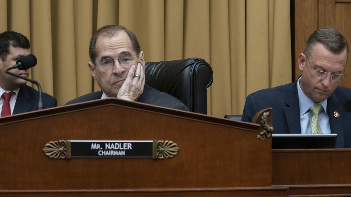 House Judiciary Committee Chairman Jerrold Nadler (D-N.Y.) waits to start a May 2 hearing on the Mueller report without witness Atty. Gen. William P. Barr, who refused to appear.