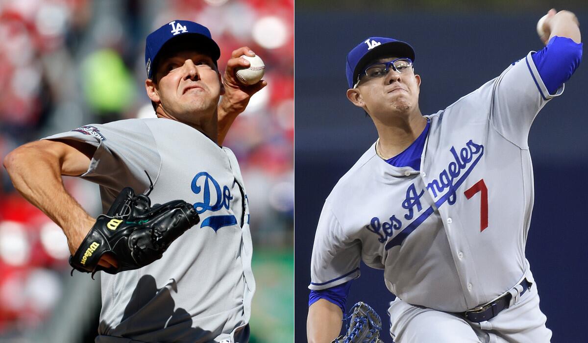 Pitchers Rich Hill, left, and Julio Urias are expected to play a role for the Dodgers in Game 5 of their playoff series against Washington.
