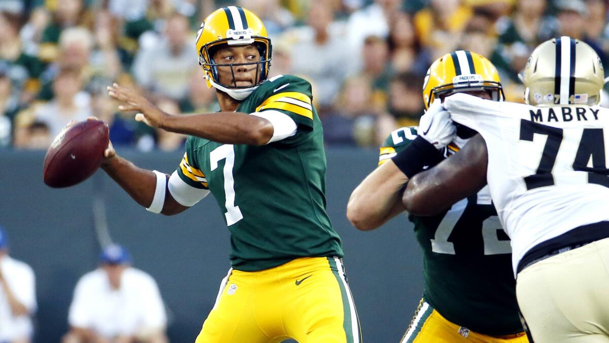Packers quarterback Brett Hundley unloads a pass from the pocket against the Saints on Thursday night in Green Bay.