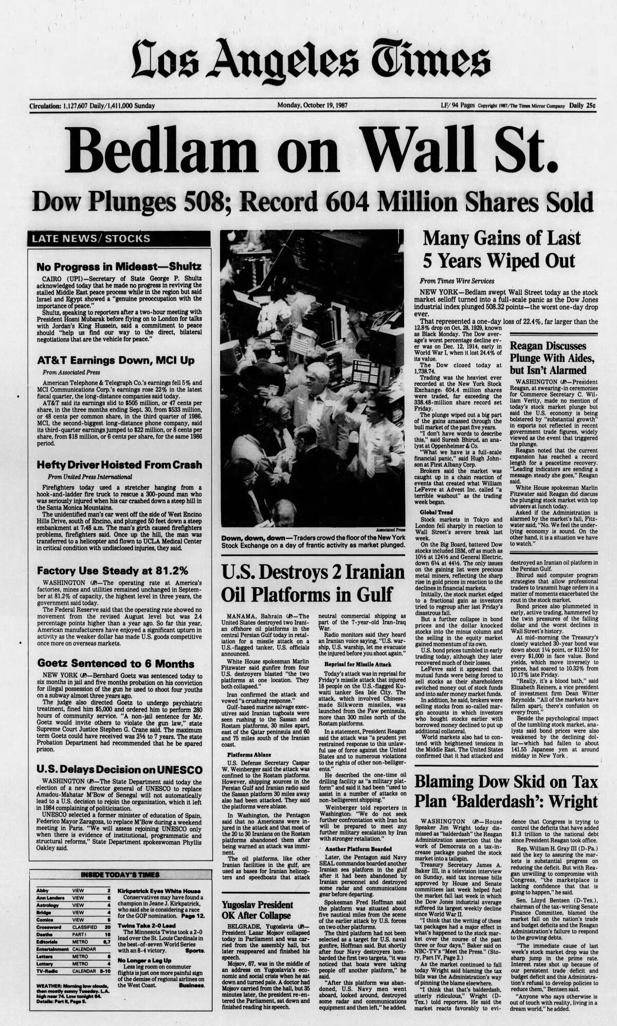 L.A. Times newspaper clipping about “Black Monday,” when the Dow Jones Industrial Average plunged 508 points