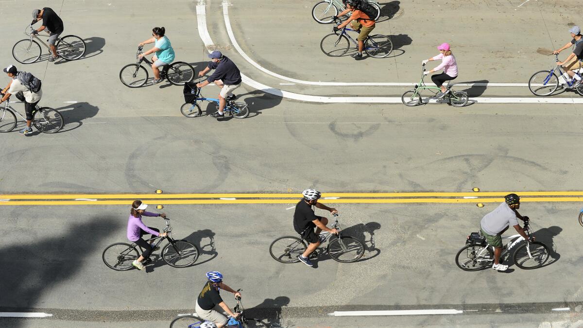 CicLAvia participants ride through downtown Los Angeles.