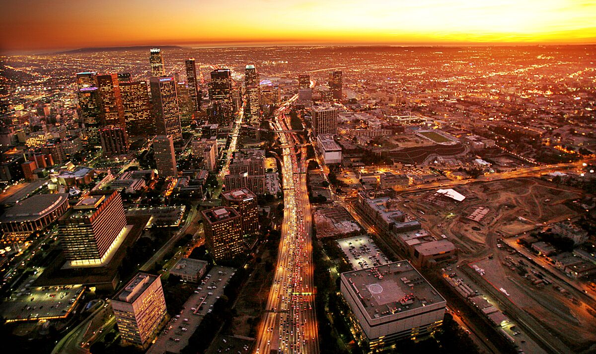 The 110 Freeway slices through downtown Los Angeles.