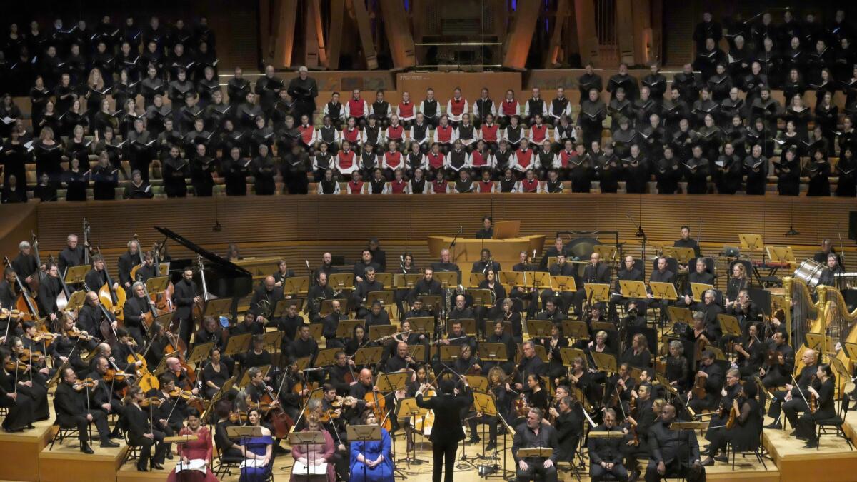 Gustavo Dudamel conducts the Los Angeles Philharmonic and a host of choruses and vocal soloists in Mahler's Symphony No. 8 at Walt Disney Concert Hall Thursday night.