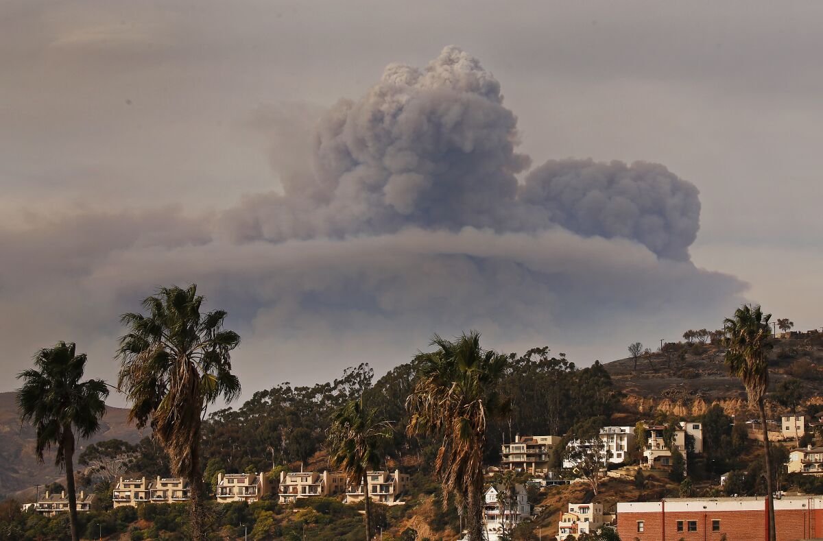 A huge cloud of dark smoke rises in the background above hillside homes, buildings and palm trees