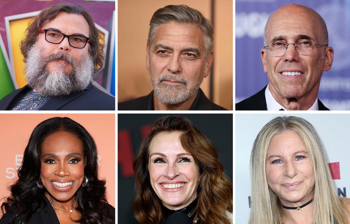 Headshots of Jack Black, George Clooney, Jeffrey Katzenberg, Sheryl Lee Ralph, Julia Roberts and Barbra Streisand. 
